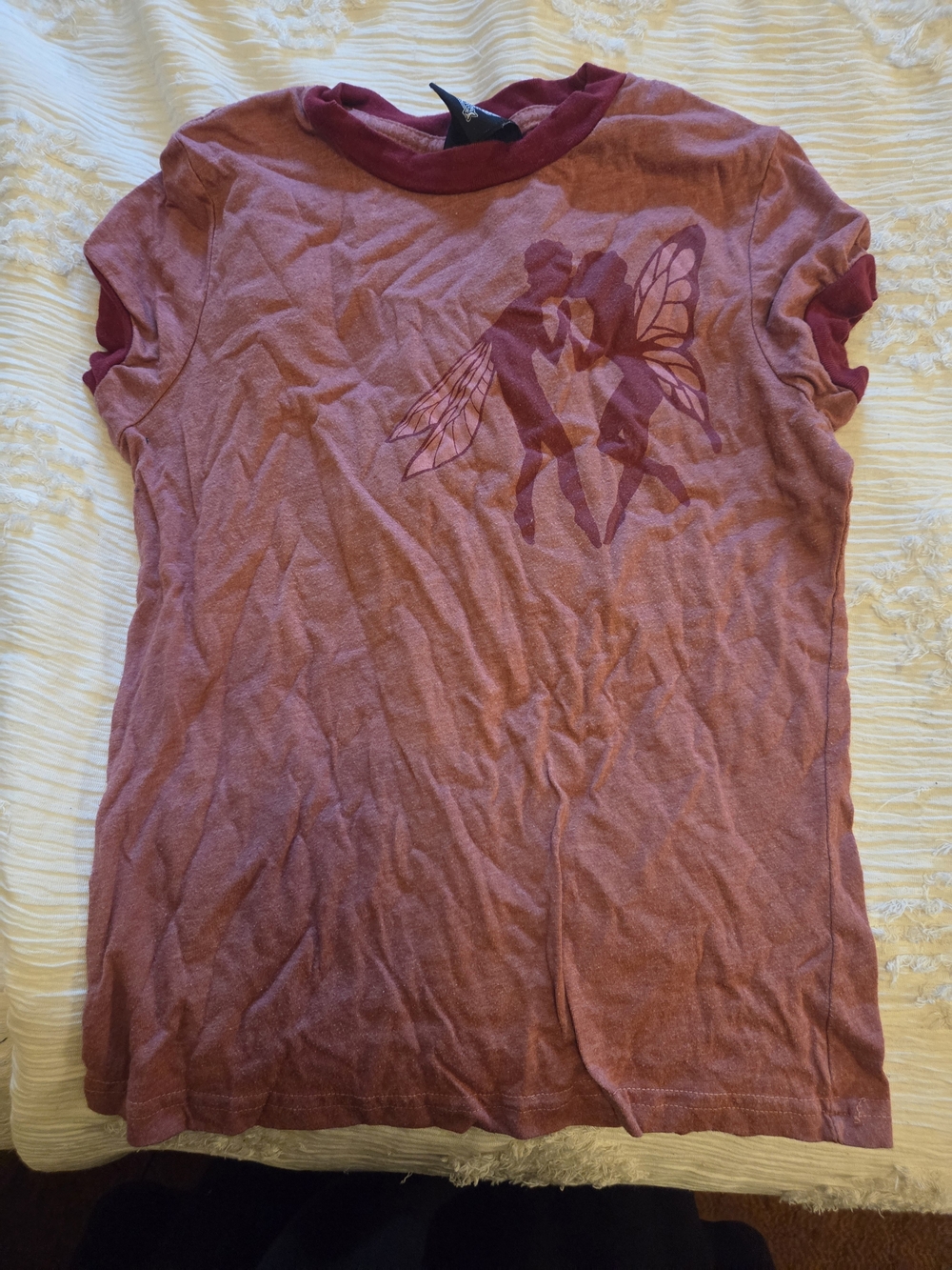 Womens' Short Sleeve Fairy And Butterfly Graphic Ringer Tee in Red
